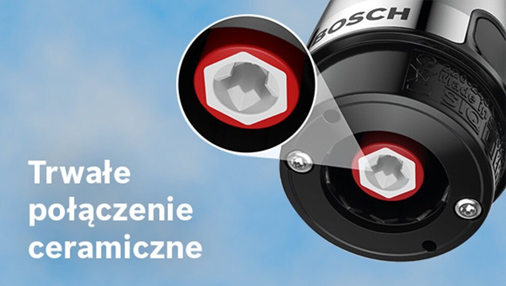 Obraz przedstawia zbliżenie na połączenie ceramiczne blendera z logo BOSCH. Obok widoczny jest tekst: \'Trwałe połączenie ceramiczne\'.