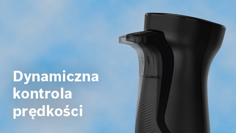 Czarny blender z widocznym uchwytem i przyciskiem, na tle niebieskiego nieba. Obok znajduje się tekst: \'Dynamiczna kontrola prędkości\'.
