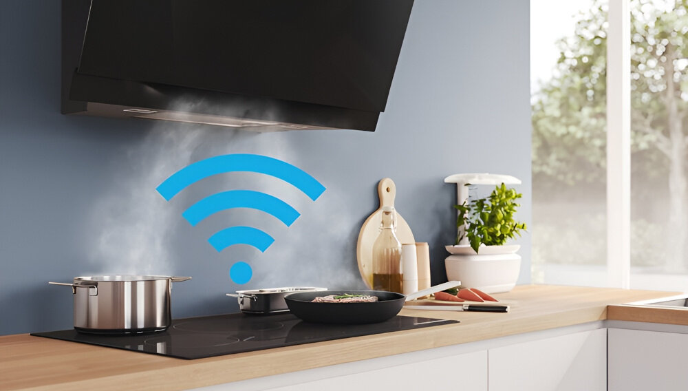 Kuchnia z płytą indukcyjną, na której stoją garnki. Na ścianie widoczny jest symbol Wi-Fi, a w tle znajduje się okap i kilka akcesoriów kuchennych.