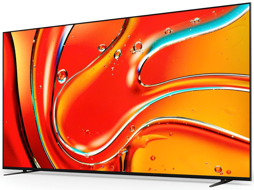 Telewizor z cienką ramką wyświetla kolorowy, abstrakcyjny wzór z dominującymi odcieniami pomarańczu i czerwieni. Ekran jest duży i ma nowoczesny design.