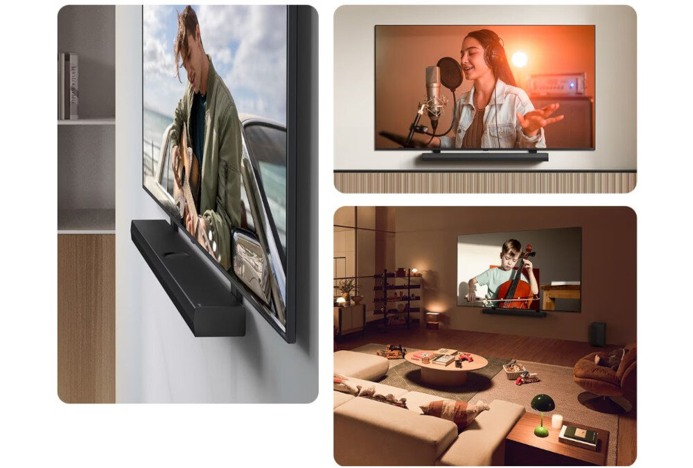 Obraz przedstawia trzy sceny z telewizorem i soundbarem. Na ekranach widoczne są osoby grające na instrumentach i śpiewające, a w jednym z pomieszczeń znajduje się nowoczesny salon z sofą i stolikiem.