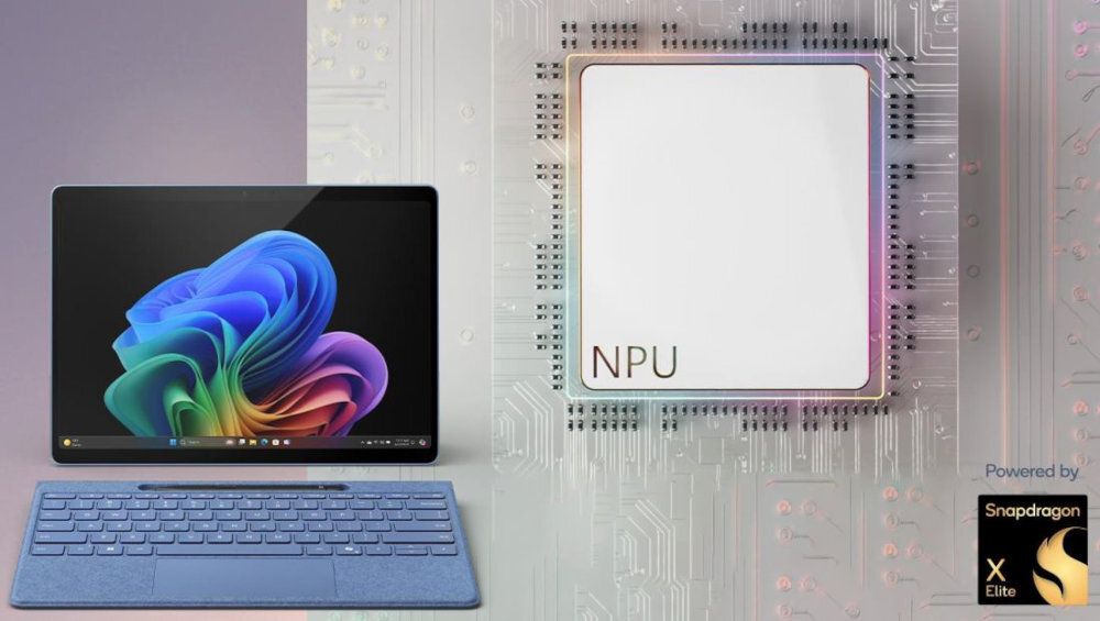 Obraz przedstawia laptop z kolorowym ekranem i niebieską klawiaturą oraz duży układ scalony z napisem \'NPU\'. W prawym dolnym rogu widnieje logo \'Powered by Snapdragon X Elite\'.