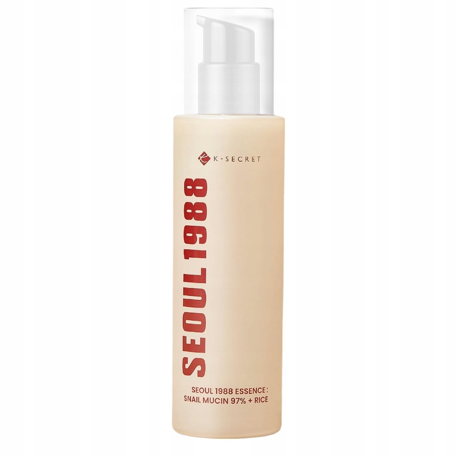 Butelka z pompką zawiera napis \'SEUL 1988 ESSENCE: SNAIL MUCIN 97% + RICE\'. Widoczne jest logo \'K-SECRET\'.