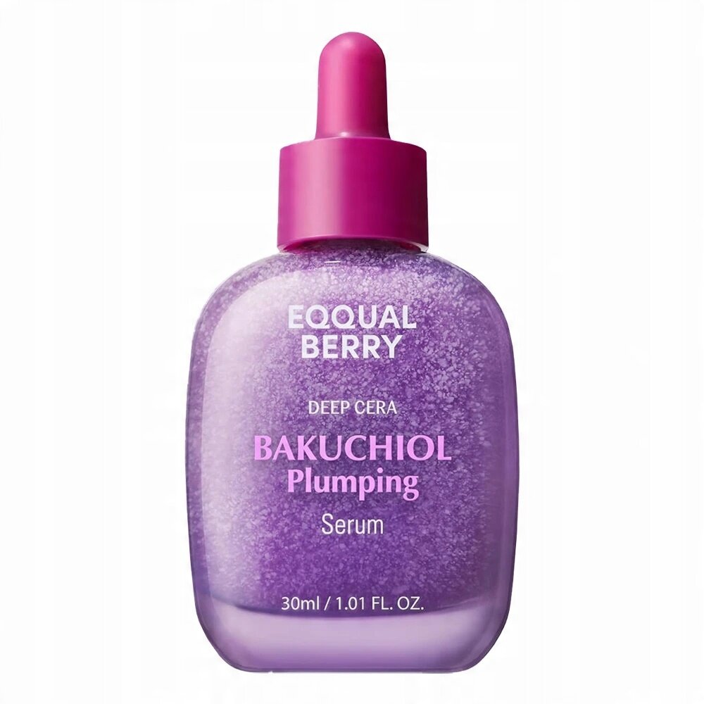 Fioletowa butelka z pipetą zawierająca serum, na której widnieje tekst: \'EQQUAL BERRY DEEP CERA BAKUCHIOL Plumping Serum 30ml / 1.01 FL. OZ.\'.