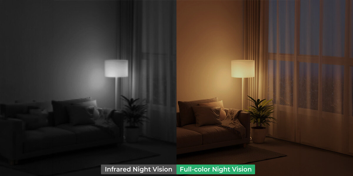Obraz przedstawia pokój dzienny z sofą, lampą stojącą i rośliną w doniczce, podzielony na dwie części: lewa w czerni i bieli z napisem \'Infrared Night Vision\', prawa w kolorze z napisem \'Full-color Night Vision\'.