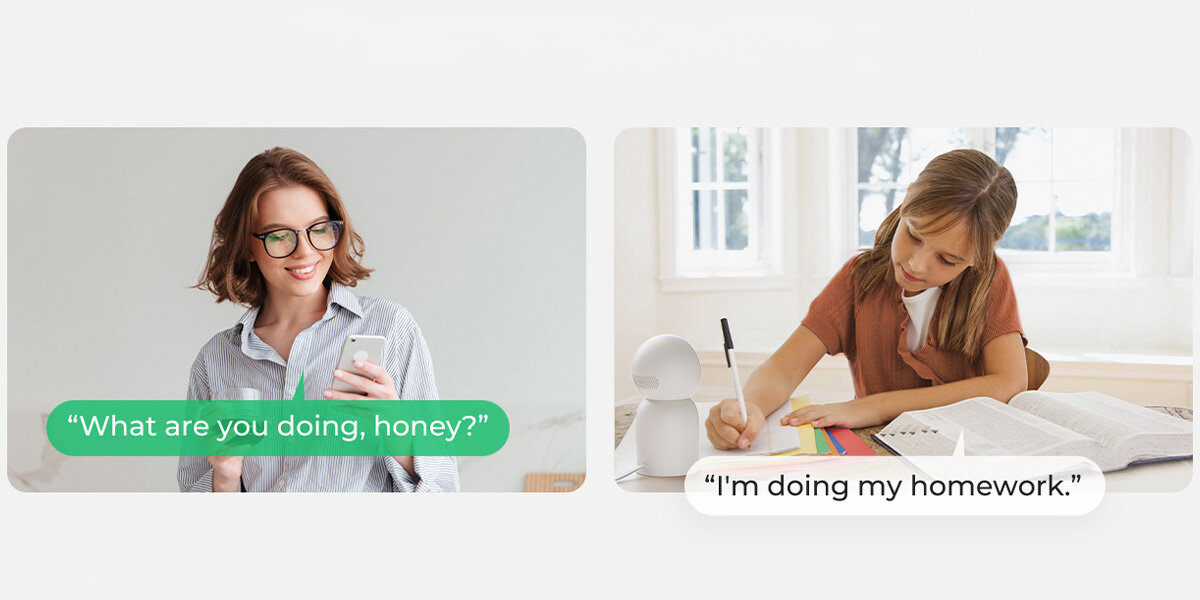 Po lewej stronie kobieta z okularami trzyma telefon, z tekstem \'What are you doing, honey?\'. Po prawej stronie dziecko siedzi przy biurku z książkami, z tekstem \'I\'m doing my homework.\'.