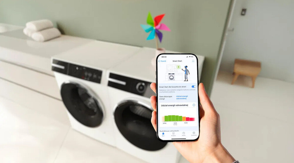 Osoba trzyma smartfon z aplikacją pokazującą pralkę i wykres zużycia energii. W tle widoczne są dwie pralki oraz kolorowy wiatraczek na blacie.