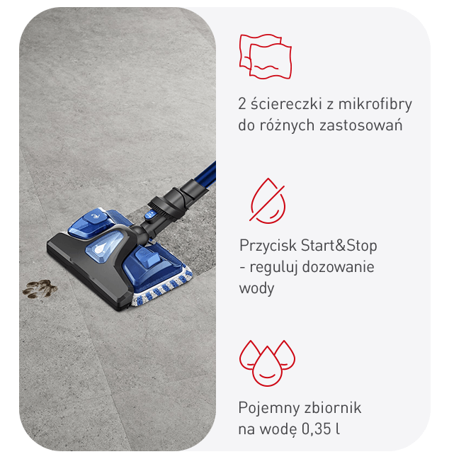 Na obrazie widoczna jest niebieska końcówka odkurzacza na szarej podłodze z odciskami łap. Obok znajdują się ikony i tekst: \'2 ściereczki z mikrofibry do różnych zastosowań\', \'Przycisk Start&Stop - reguluj dozowanie wody\', \'Pojemny zbiornik na wodę 0,35 l\'.