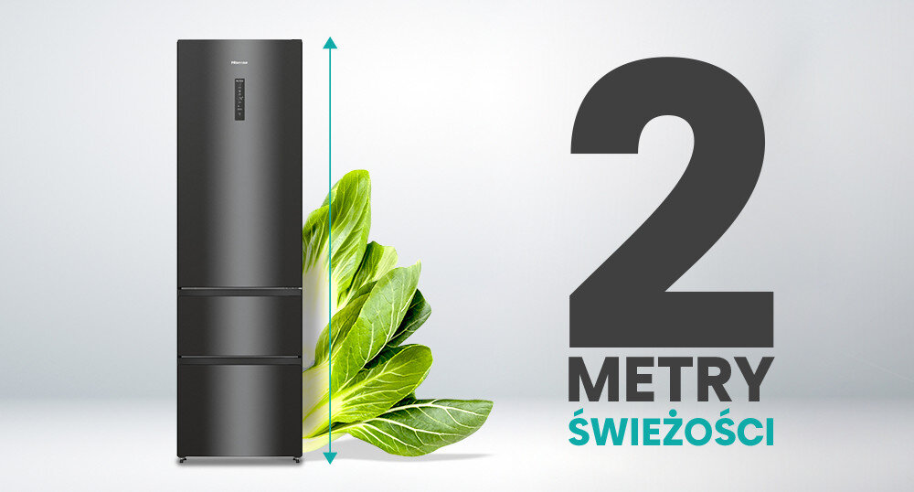 Czarna lodówka z trzema drzwiami stoi obok zielonych liści, z napisem \'2 METRY ŚWIEŻOŚCI\'.