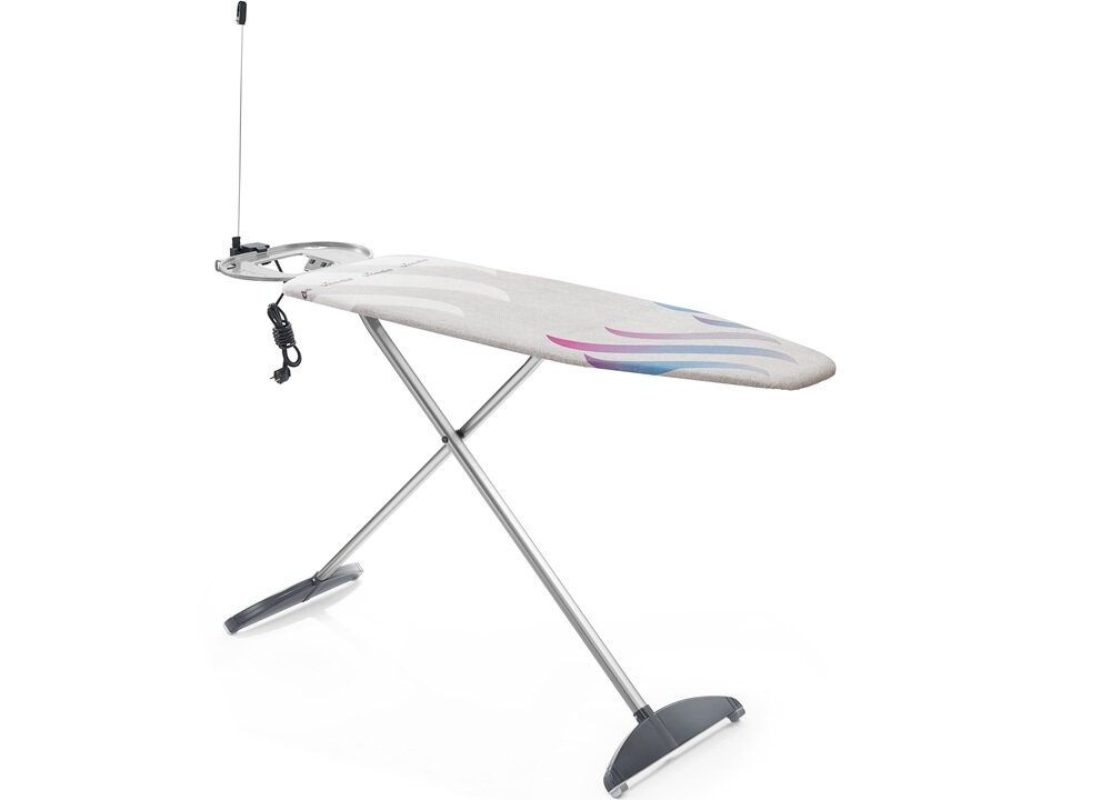 Deska do prasowania z metalową konstrukcją i pokrowcem w szare wzory. Posiada uchwyt na żelazko oraz przewód zasilający.