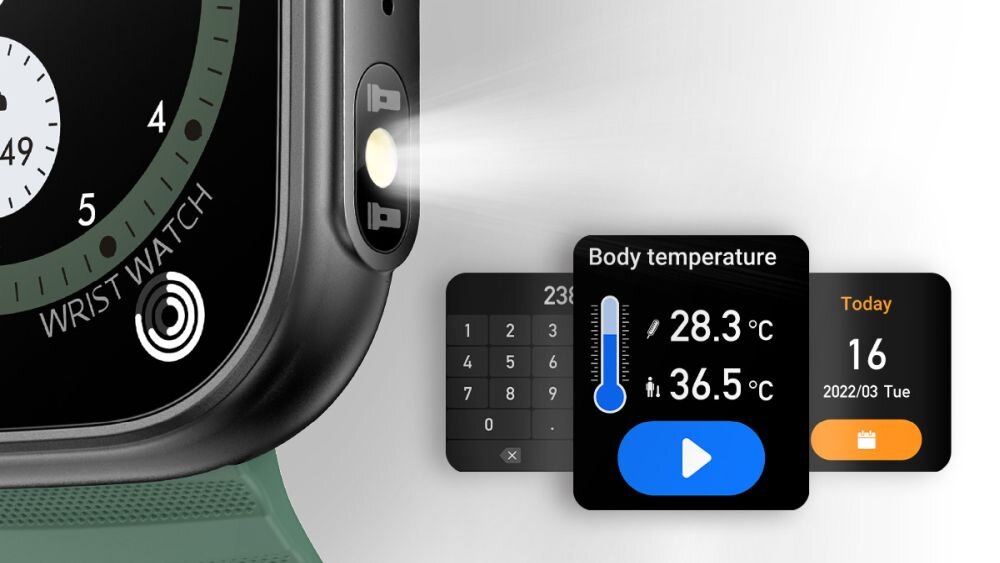 Obraz przedstawia smartwatch z zielonym paskiem, na którym widoczny jest ekran z tarczą zegarka i napisem \'WRIST WATCH\'. Obok zegarka znajdują się ikony aplikacji pokazujące temperaturę ciała (28.3°C i 36.5°C) oraz datę (16, 2022/03 Tue).