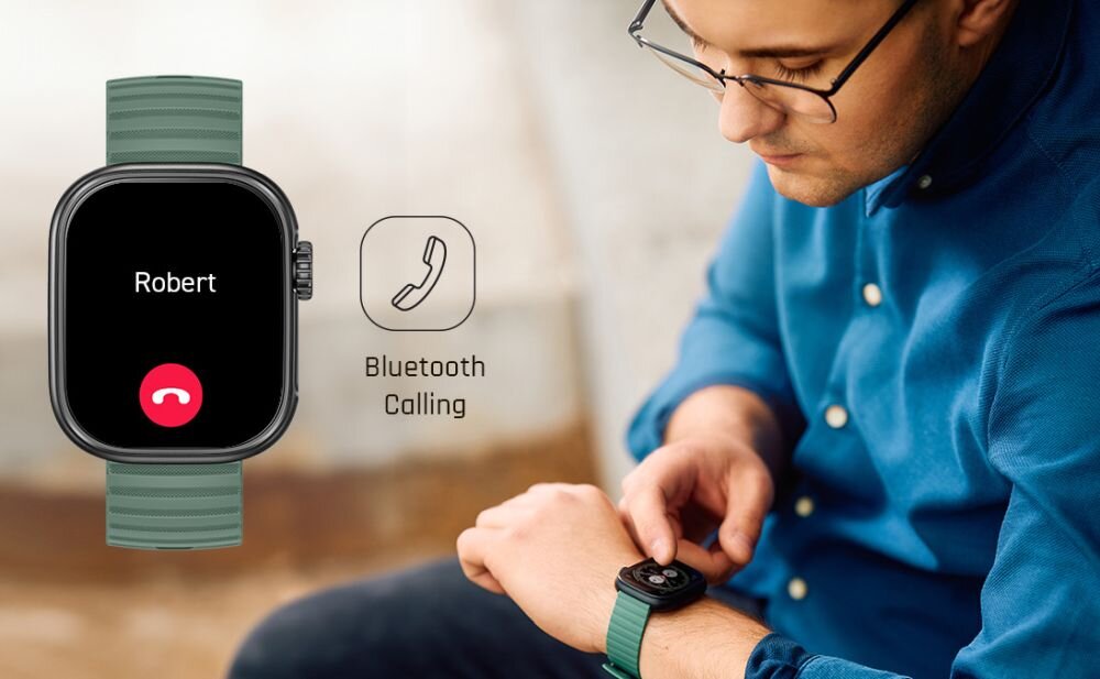 Osoba patrzy na smartwatch z zielonym paskiem, na ekranie którego widnieje napis \'Robert\' oraz ikona połączenia. Obok zegarka znajduje się symbol telefonu z napisem \'Bluetooth Calling\'.