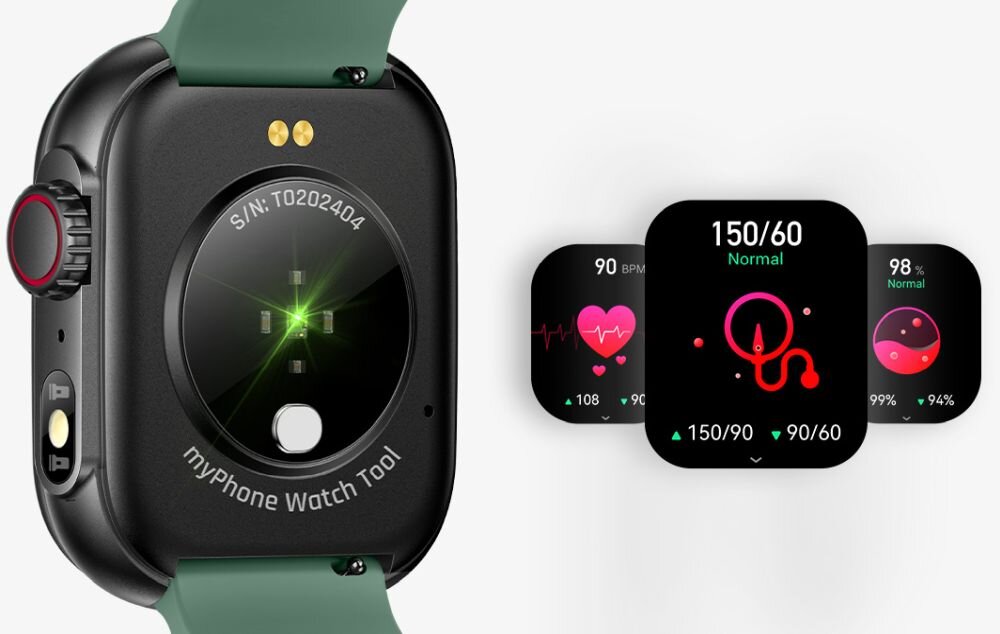 Na obrazie widoczny jest smartwatch z zielonym paskiem i napisem \'myPhone Watch Tool\' oraz numerem seryjnym \'S/N: T0202404\'. Obok zegarka znajdują się trzy ekrany z różnymi wskaźnikami zdrowotnymi, takimi jak tętno i ciśnienie krwi.