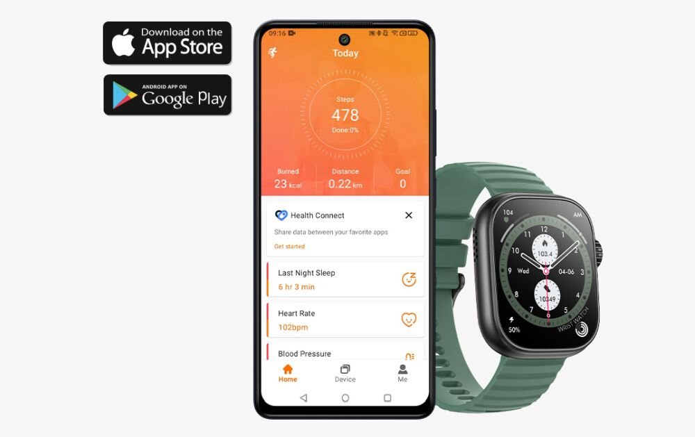Obraz przedstawia smartfon z aplikacją fitness, pokazującą dane takie jak sen, spalone kalorie, dystans, tętno i ciśnienie krwi. Obok znajduje się smartwatch z zielonym paskiem i tarczą z różnymi wskaźnikami.