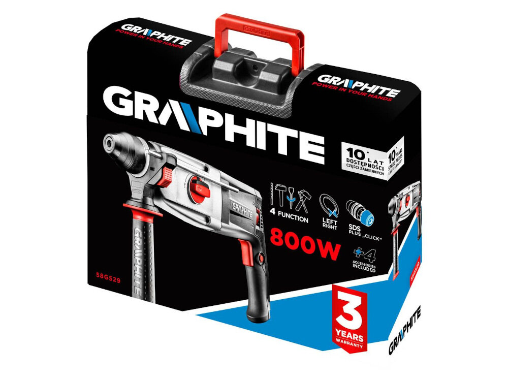 Młotowiertarka GRAPHITE 58G529 w zestawie obrotowa rękojeść dodatkowa walizka uchwyt wiertarski zasobnik ze smarem listwa z ogranicznikiem głębokości wiercenia adapter do uchwytu dodatkowe wiertła instrukcja obsługi w języku polskim karta gwarancyjna