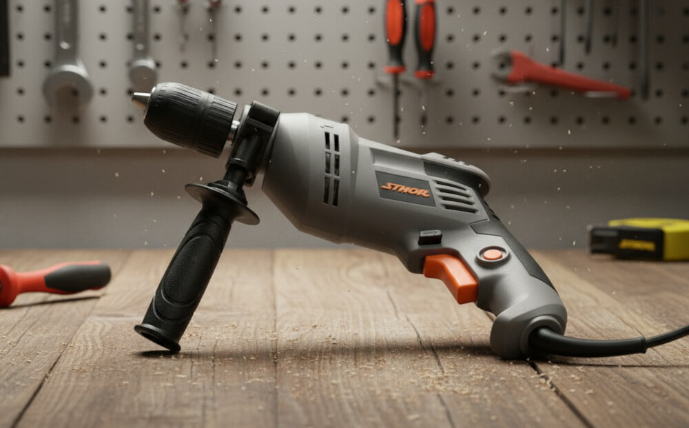 Wiertarka udarowa STHOR 78995 warsztat blat roboczy wiertarka leży na blacie w tle ściana z narzędziami precyzyjna praca wszechstronne zastosowanie funkcja udaru