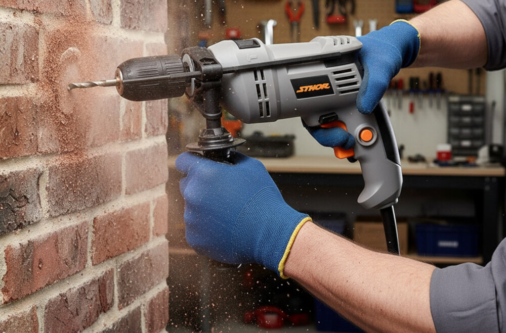 Wiertarka udarowa STHOR 78995 warsztat ściana z cegły osoba wierci otwór w ścianie w tle ściana z narzędziami wiercenie w drewnie do 25 mm w stali do 13 mm w betonie do 10 mm pojedynczy bieg prędkość do 3000 obr./min pełna kontrola nad materiałem precyzja wiercenia