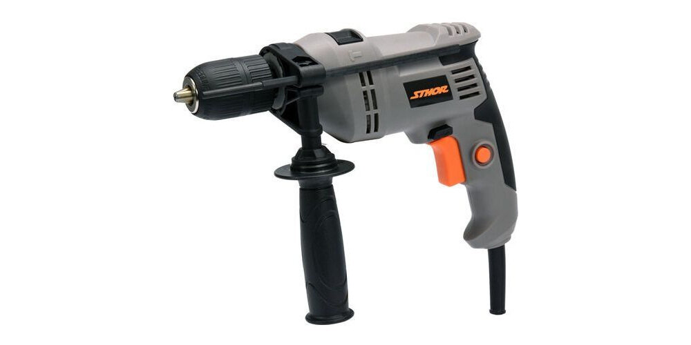 Wiertarka udarowa STHOR 78997 silnik moc 800 W maksymalna prędkość obrotowa do 3000 obr/min długi przewód zasilający solidny uchwyt kompaktowa i ergonomiczna konstrukcja do ciężkich prac remontowych w warunkach domowych rękojeść powleczona antypoślizgowym materiałem
