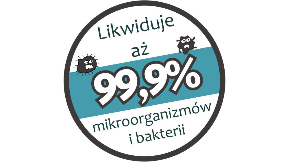 Okrągła grafika z tekstem: \'Likwiduje aż 99,9% mikroorganizmów i bakterii\'.