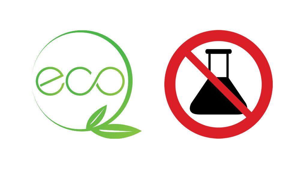 Po lewej stronie znajduje się zielony symbol z napisem \'eco\' i liściem, a po prawej czarny symbol kolby chemicznej przekreślony czerwoną linią.