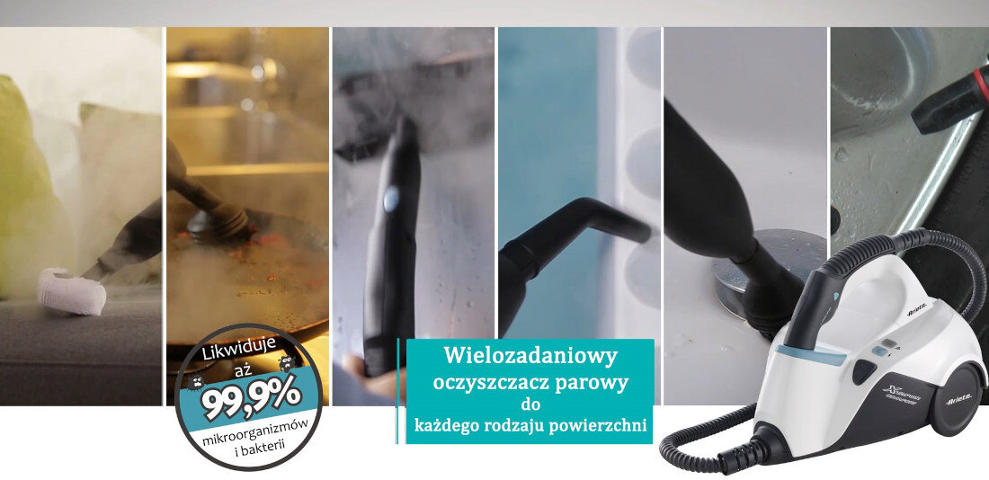 Obraz przedstawia wielozadaniowy oczyszczacz parowy używany na różnych powierzchniach, z tekstem: \'Wielozadaniowy oczyszczacz parowy do każdego rodzaju powierzchni\'. Widoczny jest również napis: \'Likwiduje aż 99,9% mikroorganizmów i bakterii\'.
