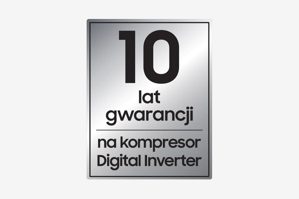Obraz przedstawia srebrną tabliczkę z napisem: \'10 lat gwarancji na kompresor Digital Inverter\'.