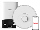 Na obrazie widoczny jest biały robot sprzątający z logo \'Tefal\' oraz stacja dokująca. Obok znajduje się smartfon z wyświetlonym logo \'Tefal\'.