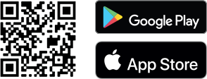 Obraz przedstawia kod QR obok dwóch przycisków z napisami \'Google Play\' i \'App Store\'.