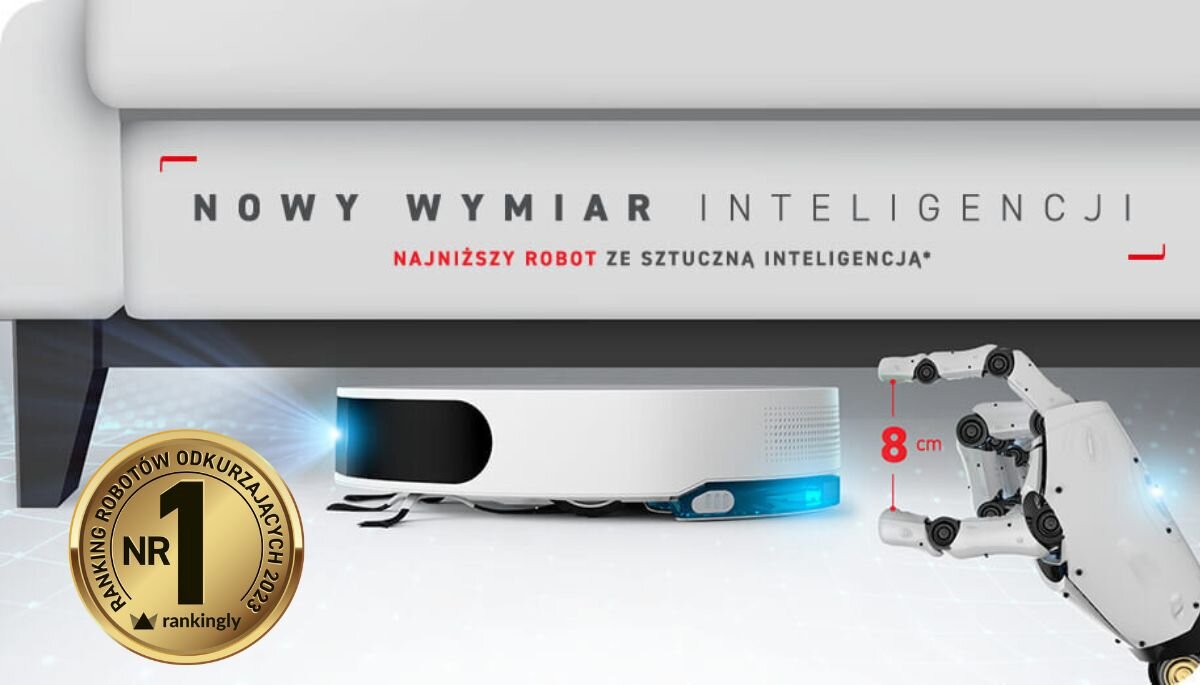 Obraz przedstawia robot sprzątający o niskim profilu, z napisem \'NOWY WYMIAR INTELIGENCJI NAJNIŻSZY ROBOT ZE SZTUCZNĄ INTELIGENCJĄ\'. Obok znajduje się złoty medal z napisem \'NR 1 RANKING ROBOTÓW ODKURZAJĄCYCH 2023\'.