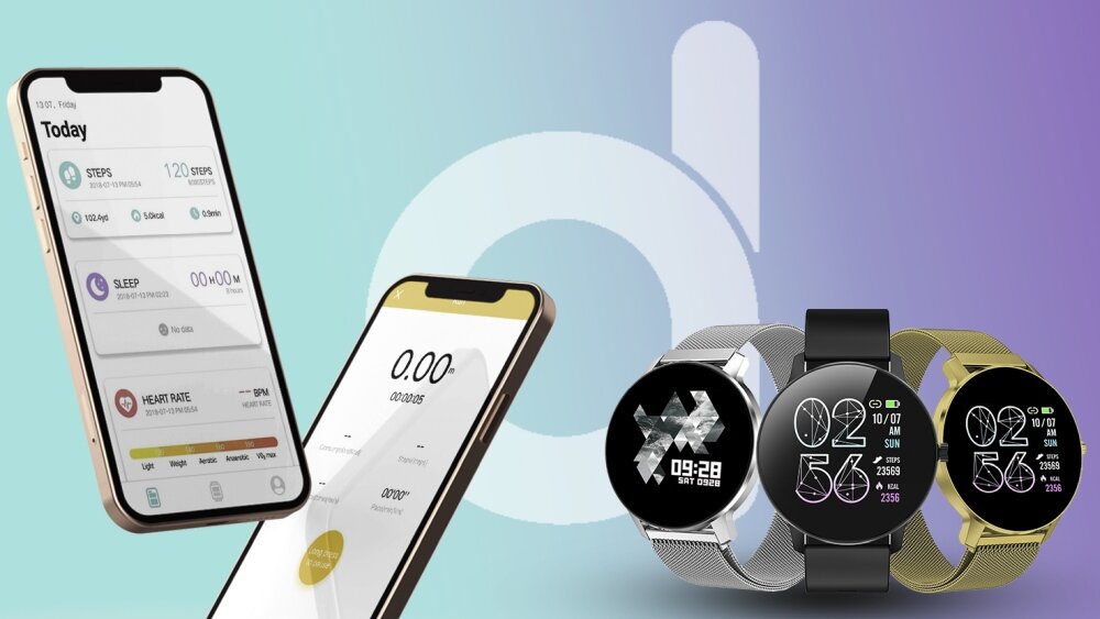 Na obrazie widoczne są trzy smartwatche z okrągłymi tarczami, każdy z innym wyświetlaczem, oraz dwa smartfony z aplikacją fitness. Tło jest gradientowe, przechodzące od fioletu do błękitu, z dużym, białym logo w tle.
