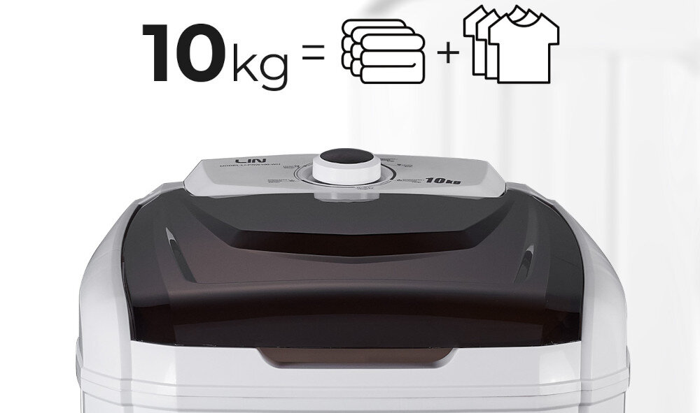 Obraz przedstawia górną część pralko-wirówki z ciemnym, przezroczystym wiekiem i pokrętłem. Nad urządzeniem widnieje tekst \'10 kg\' oraz ikony przedstawiające stos ręczników i koszulek.