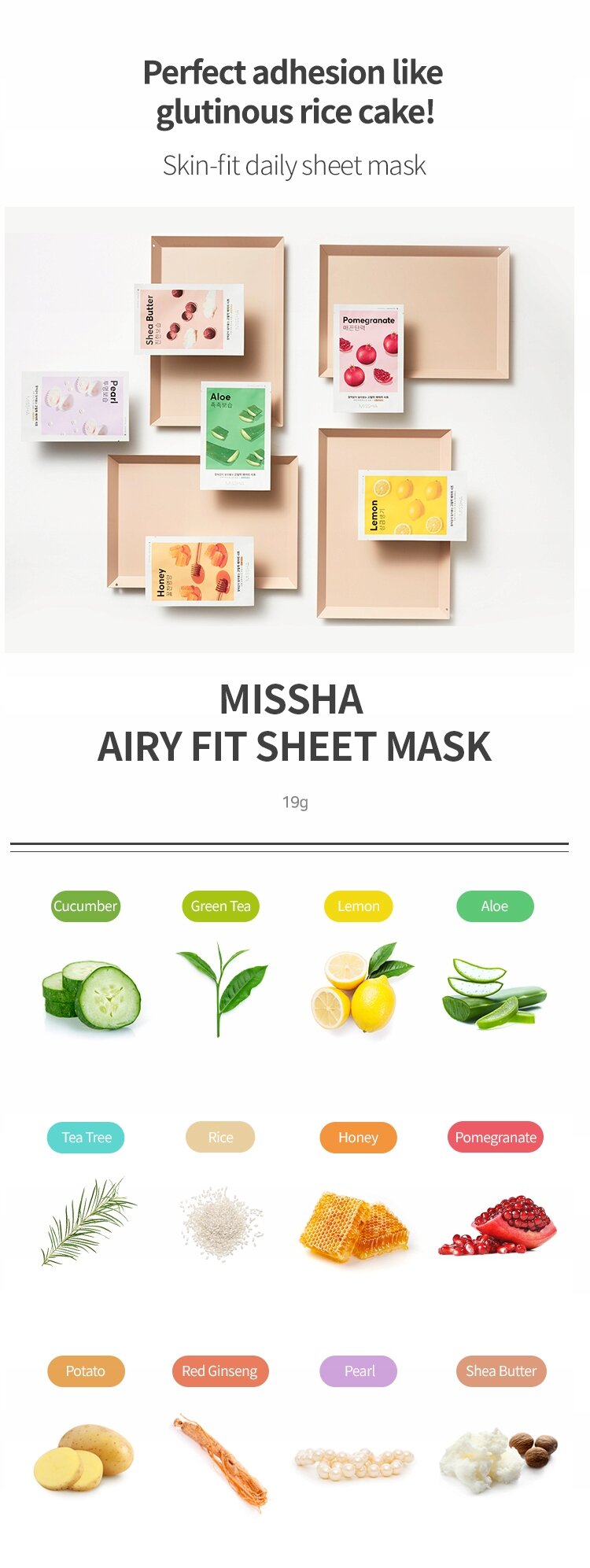 Obraz przedstawia różne warianty maseczek MISSHA Airy Fit Sheet Mask na tle beżowych pudełek. Widoczne są składniki takie jak ogórek, zielona herbata, cytryna, aloes, drzewo herbaciane, ryż, miód, granat, ziemniak, czerwony żeń-szeń, perła i masło shea.