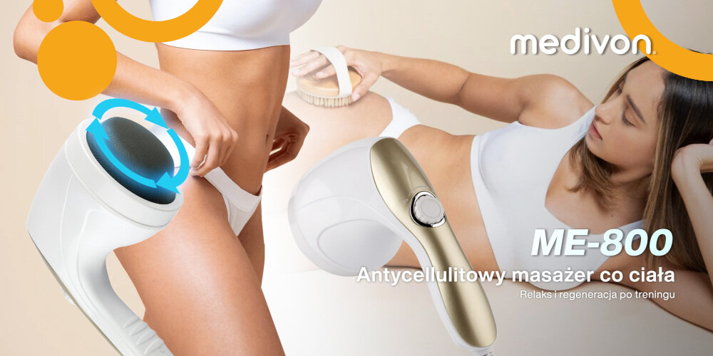 Na zdjęciu widoczny jest masażer antycellulitowy oraz napis \'medivon ME-800 Antycellulitowy masażer co ciała Relaks i regeneracja po treningu\'.