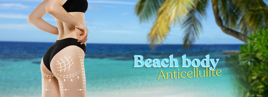 Na tle plaży i palm widoczny jest napis \'Beach body Anticellulite\'.