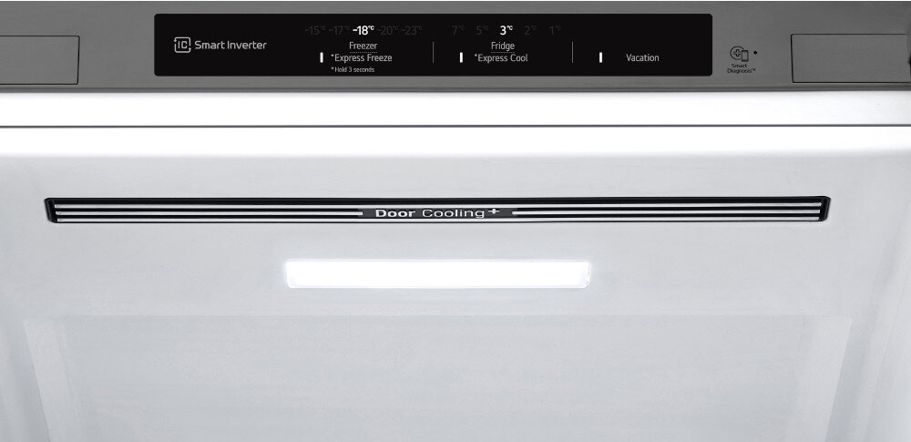 Panel sterowania lodówki z wyświetlaczem temperatury i funkcjami: \'Smart Inverter\', \'-18° Freezer Express Freeze\', \'3° Fridge Express Cool\', \'Vacation\'. Poniżej znajduje się napis \'Door Cooling+\'.
