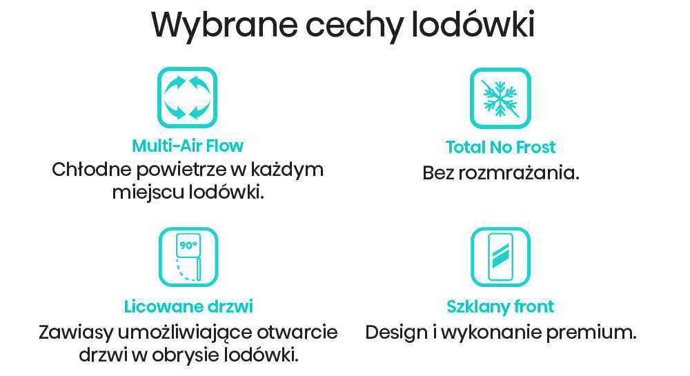 Grafika przedstawia cztery ikony z opisami cech lodówki: Multi-Air Flow - Chłodne powietrze w każdym miejscu lodówki, Total No Frost - Bez rozmrażania, Licowane drzwi - Zawiasy umożliwiające otwarcie drzwi w obrysie lodówki, Szklany front - Design i wykonanie premium.