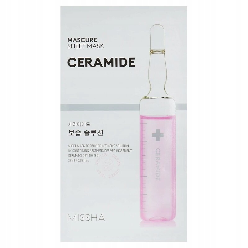 Opakowanie maseczki nawilżającej w płachcie z napisem \'MASCURE SHEET MASK CERAMIDE\'. Widoczna jest różowa ampułka z krzyżykiem i tekstem \'CERAMIDE\', a na dole logo \'MISSHA\'.