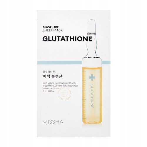 Opakowanie maseczki w płachcie z napisem \'MASCURE SHEET MASK GLUTATHIONE\'. Widoczna jest ilustracja ampułki oraz logo \'MISSHA\'.