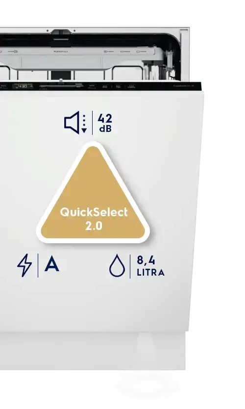 Zmywarka z otwartymi drzwiami, na których widnieje trójkątny symbol z napisem \'QuickSelect 2.0\'. Obok znajdują się ikony z oznaczeniami: \'42 dB\', \'A\' oraz \'8,4 LITRA\'.