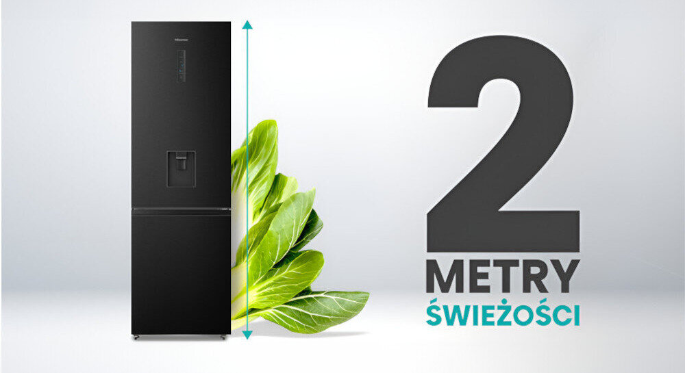 Czarna lodówka z podajnikiem wody i logo producenta, obok której znajduje się zielona roślina. Obok lodówki widnieje napis \'2 METRY ŚWIEŻOŚCI\'.