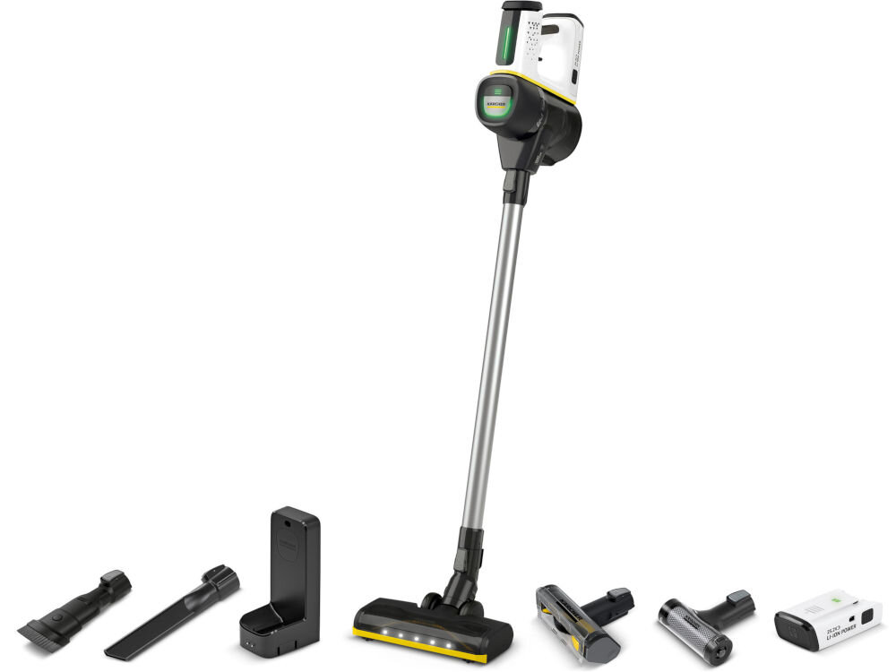 Na obrazie widoczny jest odkurzacz pionowy z metalową rurą i czarną głowicą, obok którego znajdują się różne akcesoria. Na głowicy widnieje logo \'Karcher\'.
