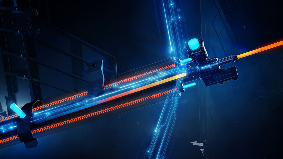 Obraz przedstawia abstrakcyjną grafikę z elementami technologicznymi, w tym niebieskimi i pomarańczowymi liniami oraz świetlnymi efektami. Widoczne są również struktury przypominające przewody lub rury.