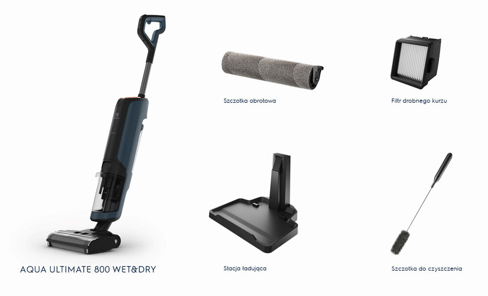 Na obrazie widoczny jest odkurzacz mopujący z napisem \'AQUA ULTIMATE 800 WET&DRY\' oraz akcesoria: szczotka obrotowa, filtr drobnego kurzu, stacja ładująca i szczotka do czyszczenia.