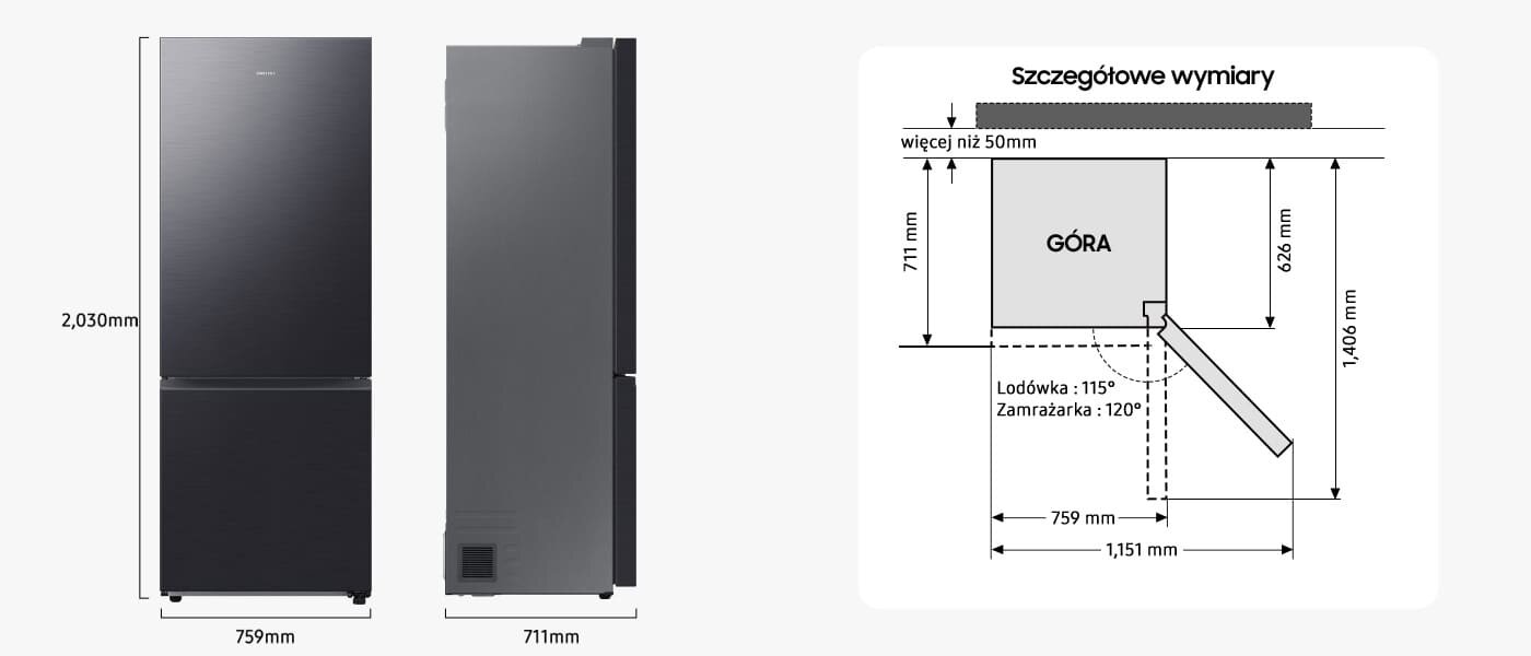 rb53dg706ab1 wymiary 1400x600 Obraz przedstawia lodówkę w kolorze szczotkowanej stali nierdzewnej z wymiarami 2030 mm wysokości, 759 mm szerokości i 711 mm głębokości. Obok znajduje się schemat z napisem \'Szczegółowe wymiary\' pokazujący wymiary i kąt otwarcia drzwi lodówki i zamrażarki.