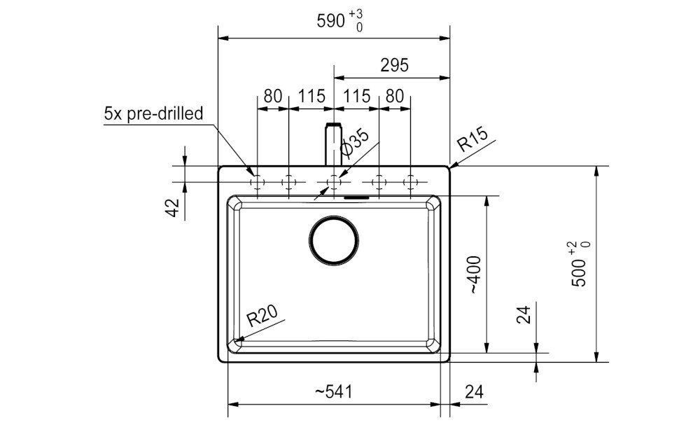 Rysunek techniczny zlewozmywaka jednokomorowego z wymiarami: 590x500 mm, z otworem o średnicy 35 mm i pięcioma wstępnie wywierconymi otworami. Widoczne są promienie zaokrągleń R15 i R20 oraz szczegółowe wymiary poszczególnych elementów.