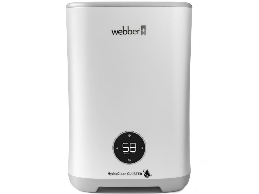 Biały nawilżacz ewaporacyjny z logo \'webber\' na górze. Na dole znajduje się okrągły wyświetlacz z cyfrą \'58\' oraz napis \'HydroClean CLUSTER\'.