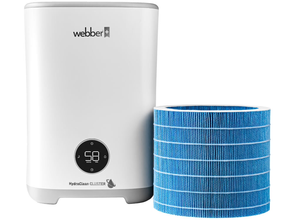 Biały nawilżacz ewaporacyjny z wyświetlaczem pokazującym \'58\' oraz niebieski filtr obok. Na urządzeniu widoczne jest logo \'webber\' oraz napis \'HydroClean CLUSTER\'.