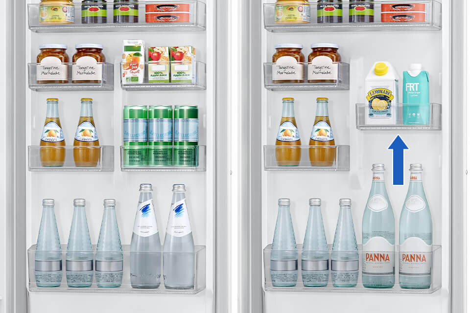 Wnętrze lodówki z różnorodnymi produktami spożywczymi, w tym słoiki z marmoladą, kartony z sokiem, butelki z napojami oraz puszki. Na jednym z półek znajduje się karton z napisem \'LEMONADE\' oraz \'FRT\', a obok niego niebieska strzałka wskazująca w górę.