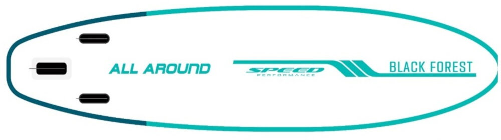 Deska SUP z napisem \'ALL AROUND\', \'SPEED PERFORMANCE\' i \'BLACK FOREST\' w kolorze turkusowym z czarnymi elementami. Posiada trzy czarne płetwy na jednym końcu.