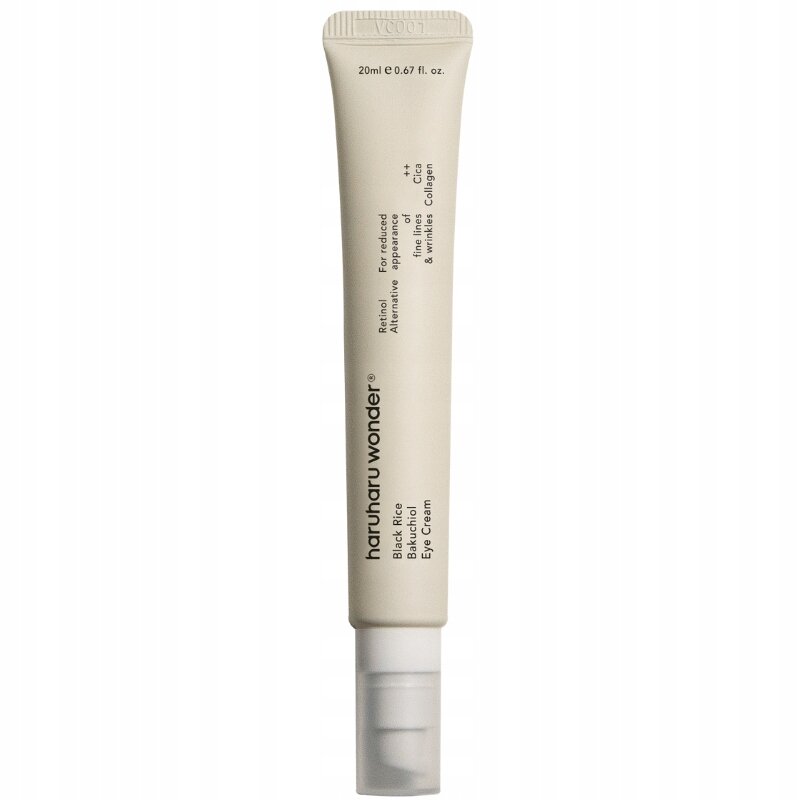 Beżowa tubka z napisem \'haruharu wonder Black Rice Bakuchiol Eye Cream\'. Pojemność 20 ml (0.67 fl. oz.).